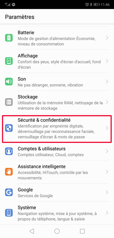 Menu Paramètres dans Android